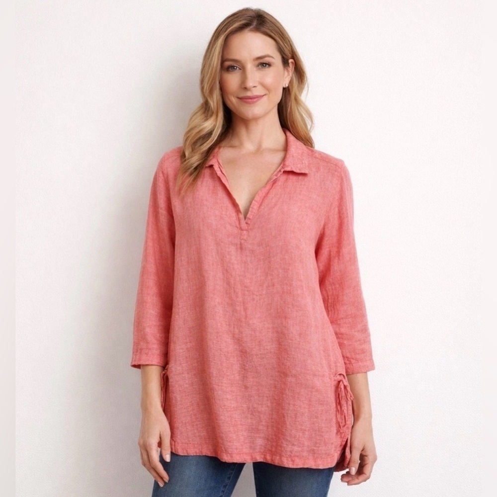 Sigrid Olsen 100% linen coral v neck medium blouse 3/4 roll sleeve tunic tie Med